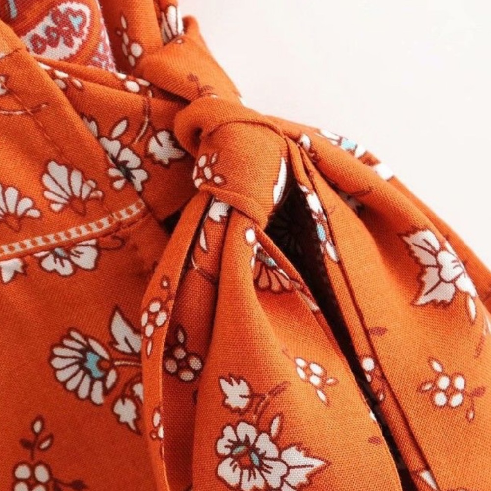 Boho Floral Gypsy Print Short Wrap Dress Orange - Picture 7 of 10